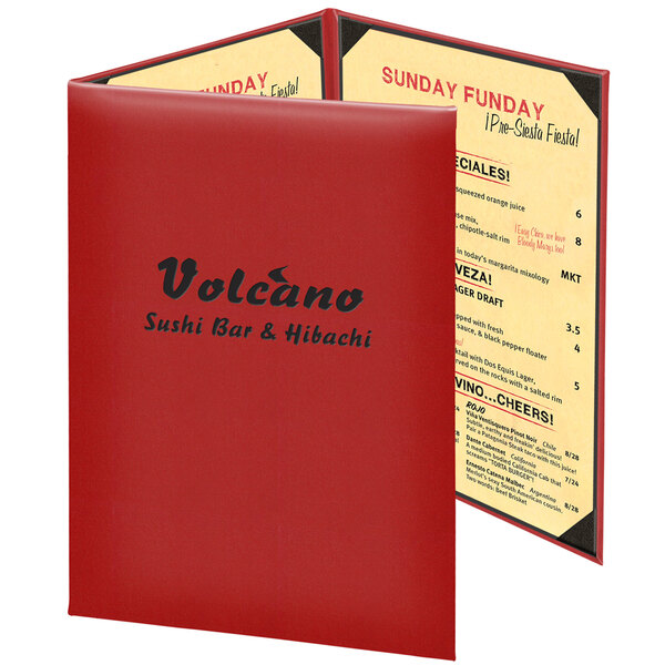 A red Menu Solutions Kensington menu cover with black text.