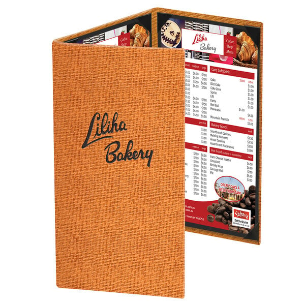 A brown Menu Solutions Wicker menu cover on a table with a brown paper menu inside.