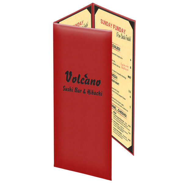 A white menu cover with a red box and black text on it.