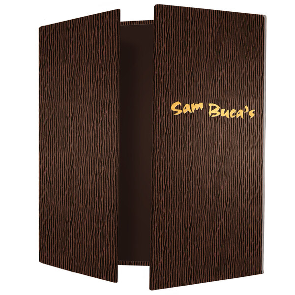 A brown Menu Solutions gatefold menu cover with customizable text.