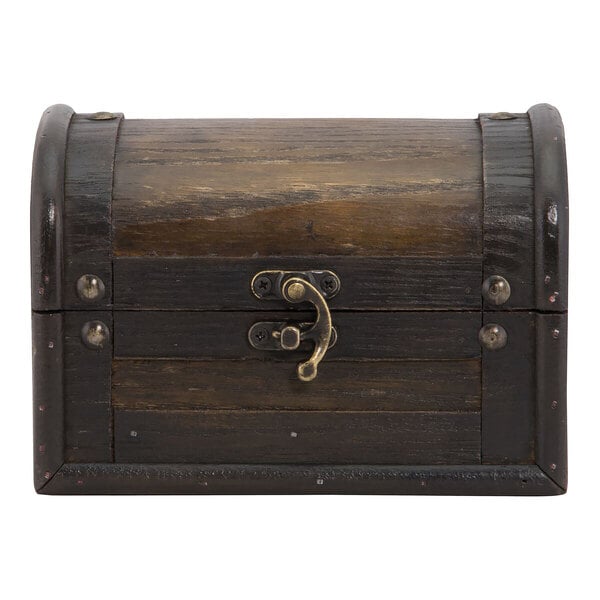 An American Metalcraft wooden treasure box with a lock.