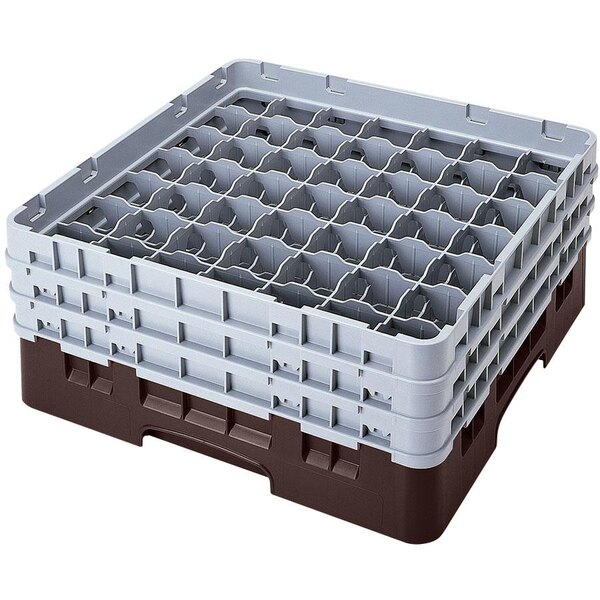 A brown plastic rack with 49 compartments and 5 extenders.