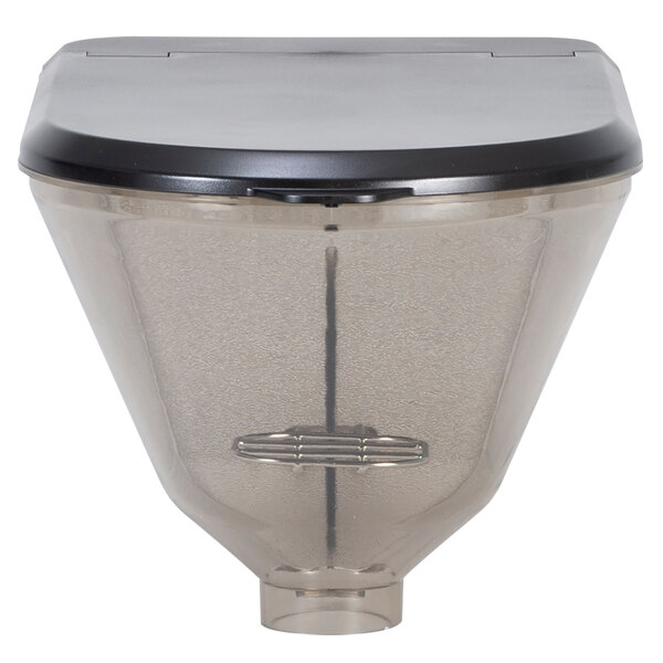 A clear plastic container with a black lid and funnel for a Bunn coffee grinder.