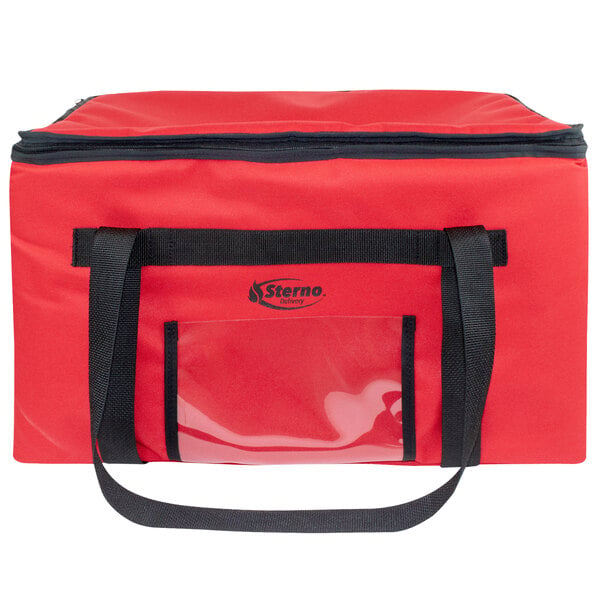 A red Sterno SpeedHeat insulated food pan carrier bag with black handles.