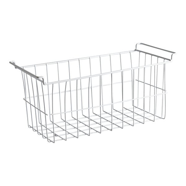 A white wire basket with a handle for Galaxy commercial chest freezers.