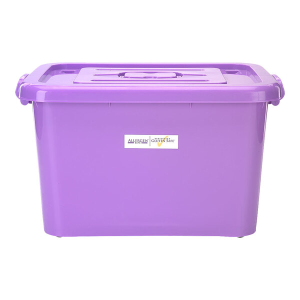 A Mercer Culinary purple plastic storage tote with lid.