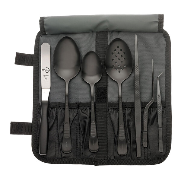 A Mercer Culinary 8-piece stainless steel matte black plating set in a black case.