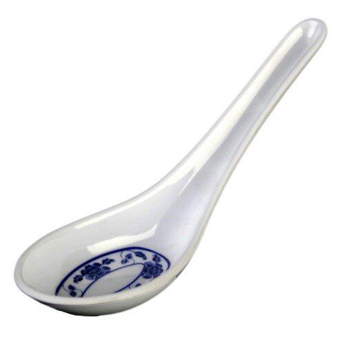 A white and blue Thunder Group Lotus melamine soup spoon with a flower design.