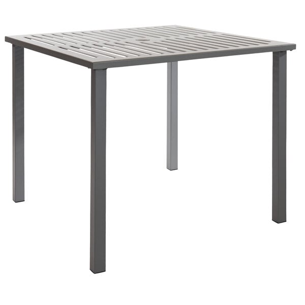 A BFM Seating Daytona square dining table with a metal frame.