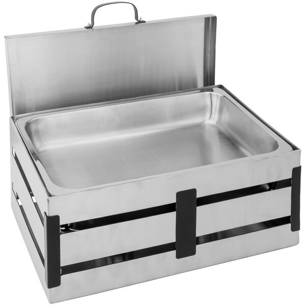 A stainless steel Walco Crate chafer with a lid on a stainless steel tray.