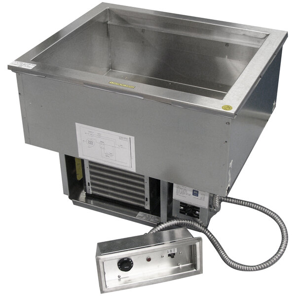 A stainless steel Delfield drop-in hot food well on a counter.