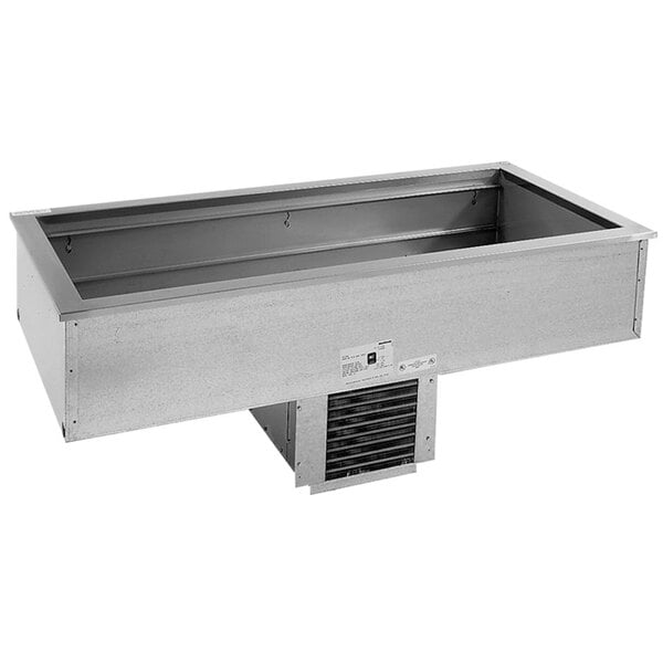 A Delfield stainless steel narrow drop in refrigerated cold food well with a drain.