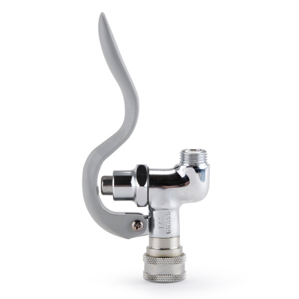 A silver T&S squeeze valve with a curved metal pipe and a white quick connect socket.