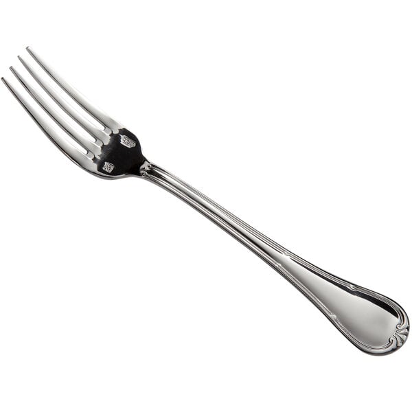 A close-up of a Sant'Andrea Donizetti stainless steel European table fork with a silver handle.