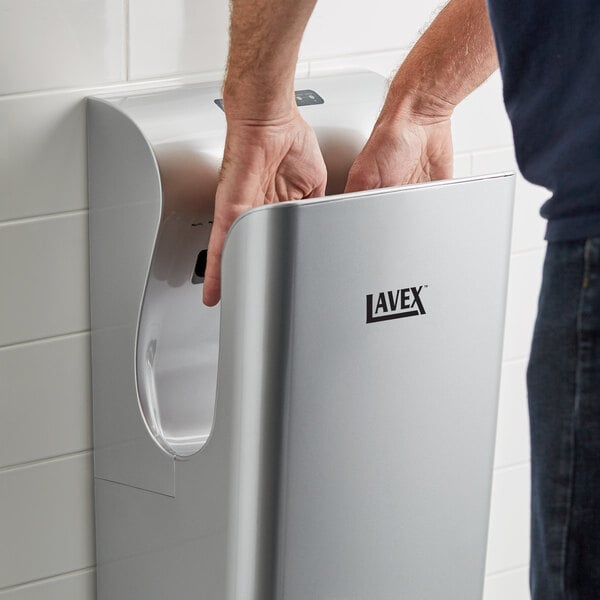 Lavex Silver High Speed Vertical Hand Dryer with HEPA Filtration - 110-130V, 1700W