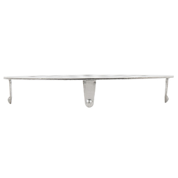 A metal shelf with a round metal bracket and two hooks.