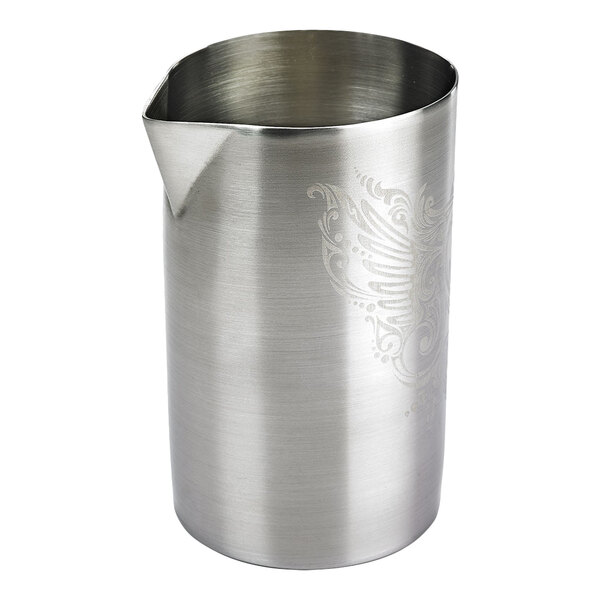 A silver stainless steel Barfly mixing tin with a design on it.