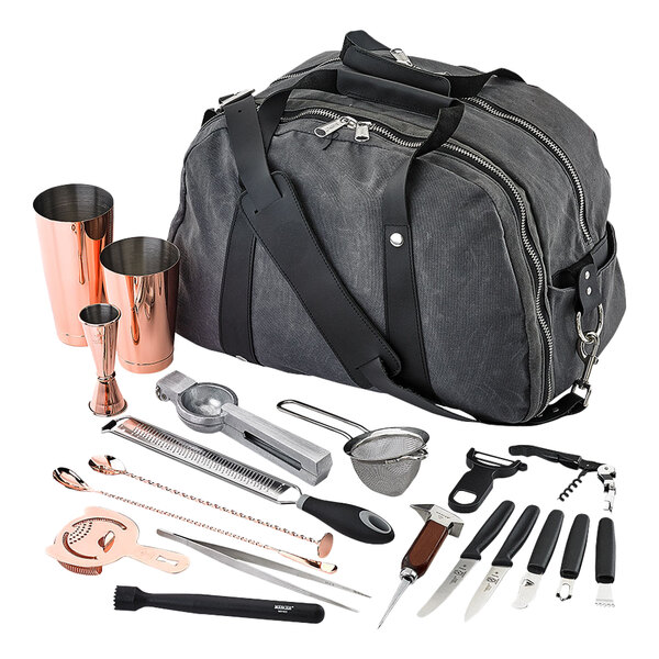 A Barfly copper-plated bartending set in a bag with a strap and a variety of tools.