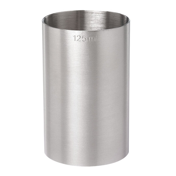 A stainless steel metal cylinder with a measuring cup on a white background.