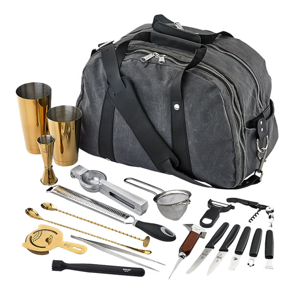 A grey Barfly bag with black straps containing gold-plated bartending tools.