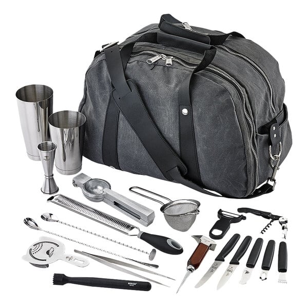 A Barfly stainless steel bartending set in a large bag with a strap.