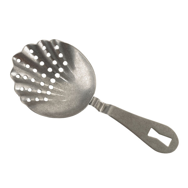 A silver metal Barfly vintage scalloped julep strainer with holes.