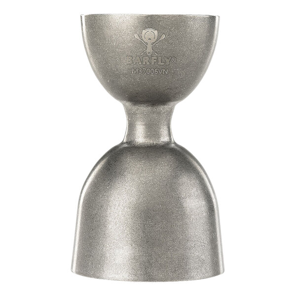 A silver metal Barfly Vintage Heavy-Duty Straight Rim Bell Jigger with a logo on the side.