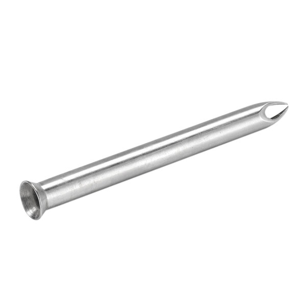 A stainless steel nozzle with a pointed tip on a long metal rod.