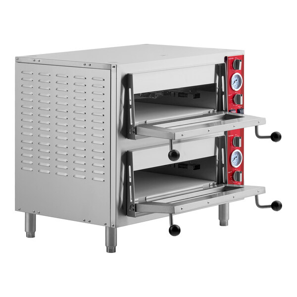 A double deck countertop pizza and bakery oven with two independent chambers and control knobs on the side.