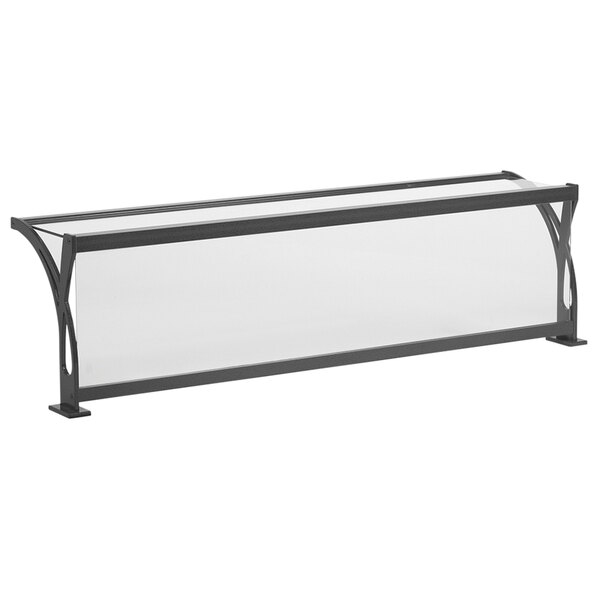 A clear glass rectangular sneeze guard with black metal legs.