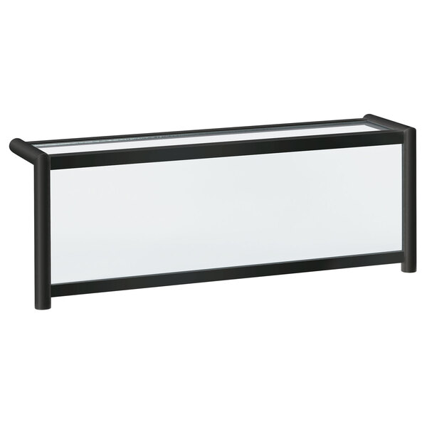 A black metal frame with glass sneeze guards and a glass shelf over a counter.