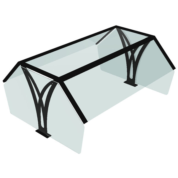 A glass cover with black metal supports on a buffet table.