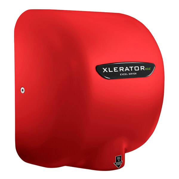 A red Excel XLERATOReco hand dryer with a black label.