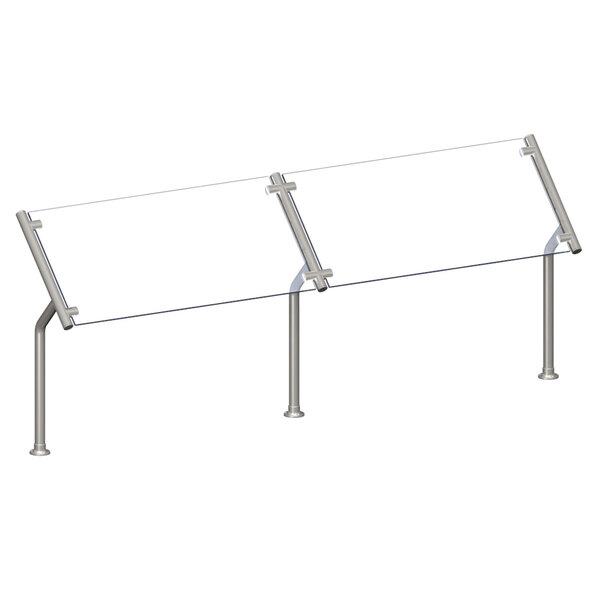 A clear glass buffet sneeze guard with silver metal poles.