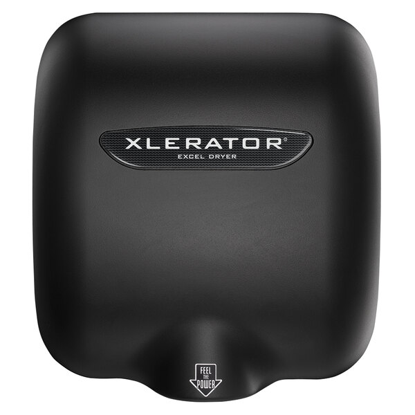 A Raven black XLERATOR hand dryer with a logo.