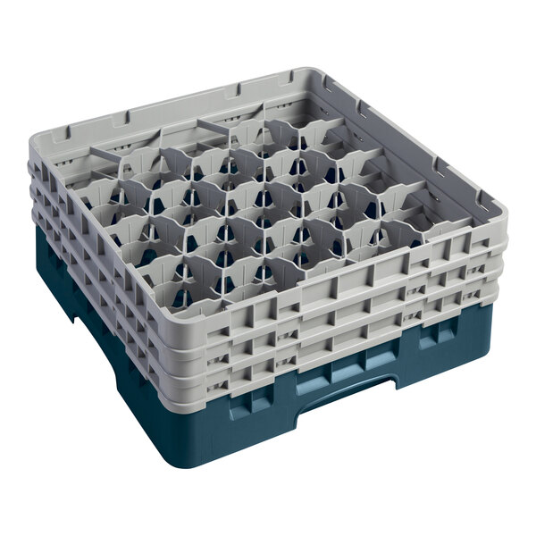 A teal plastic Cambro glass rack with extenders.