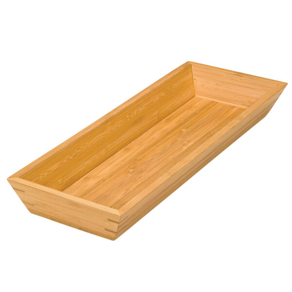 A rectangular bamboo basket with a wooden handle.