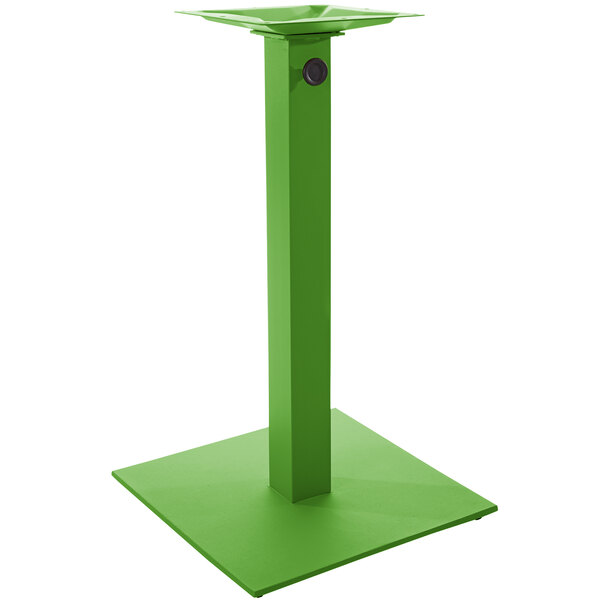 A green metal square table base for outdoor use with an umbrella hole.