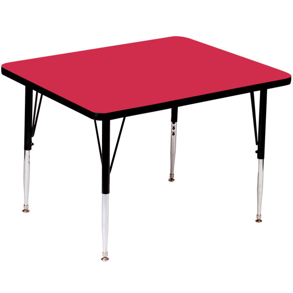 A red square Correll activity table with black legs.