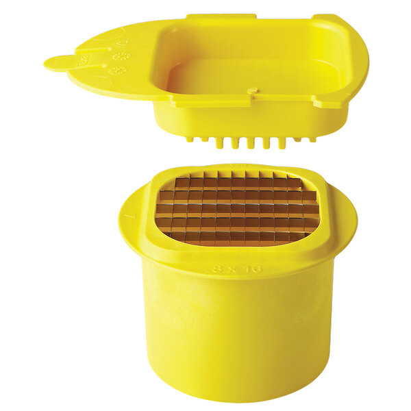 A yellow container with a lid and a yellow Matfer Bourgeat box with brown squares.