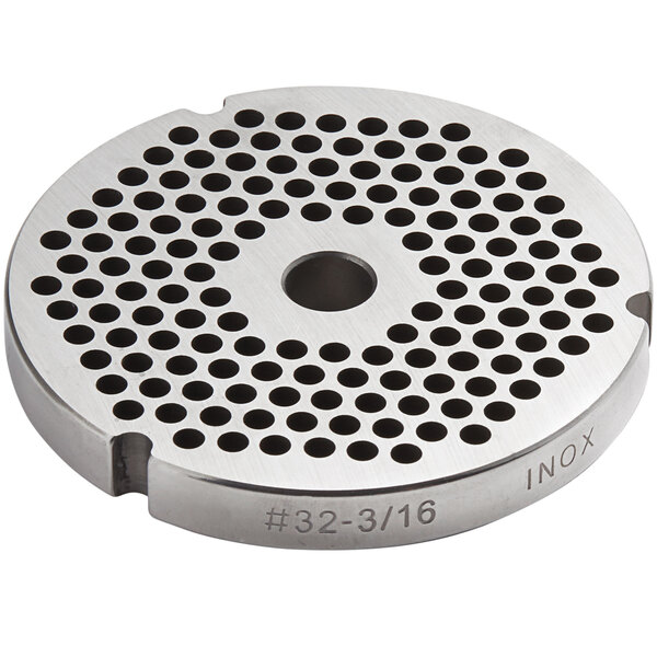 A stainless steel Backyard Pro grinder plate with holes in it.