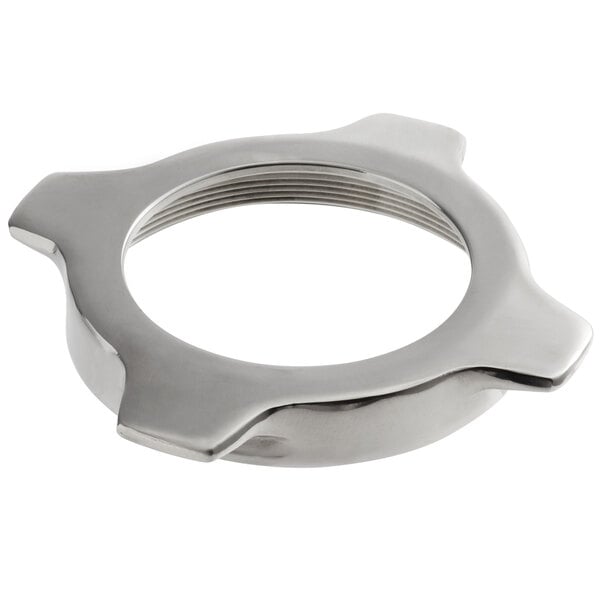 A silver metal retaining ring with a hole in the center.