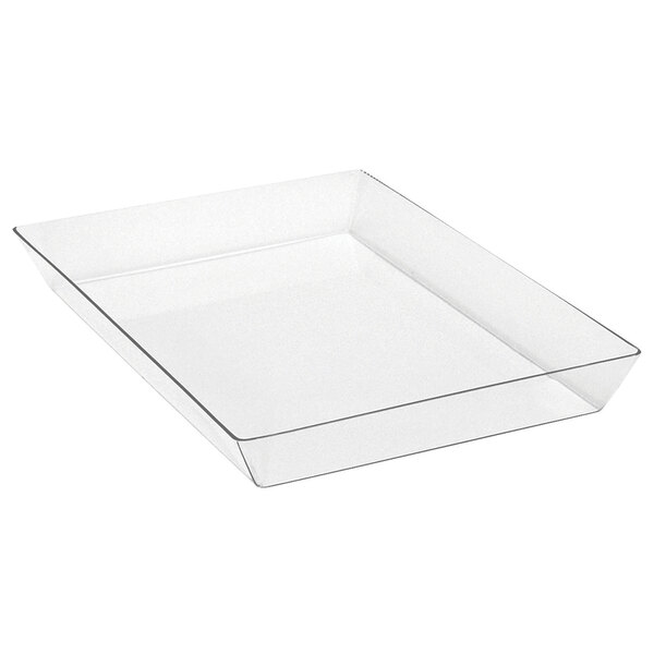 A clear square plastic liner in a food display basket.