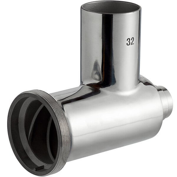 A silver stainless steel pipe with a nozzle.