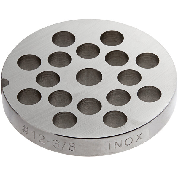 A stainless steel Backyard Pro #12 grinder plate with holes in it.