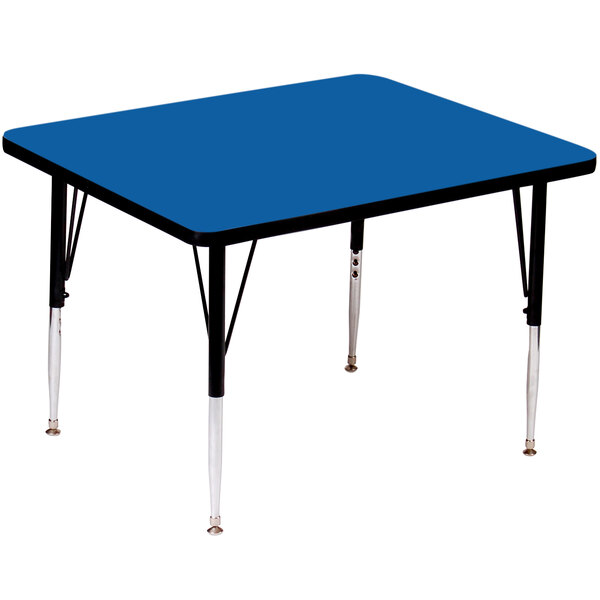 A blue square Correll activity table with adjustable legs.