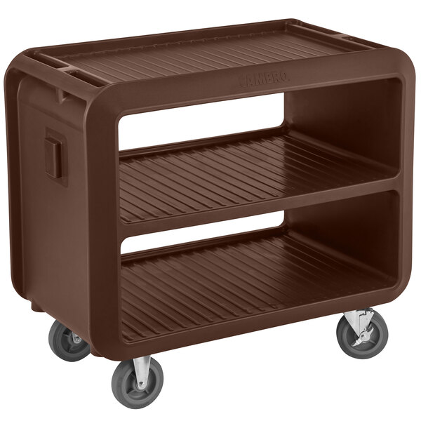 A dark brown Cambro beverage and service cart with 4 swivel casters.