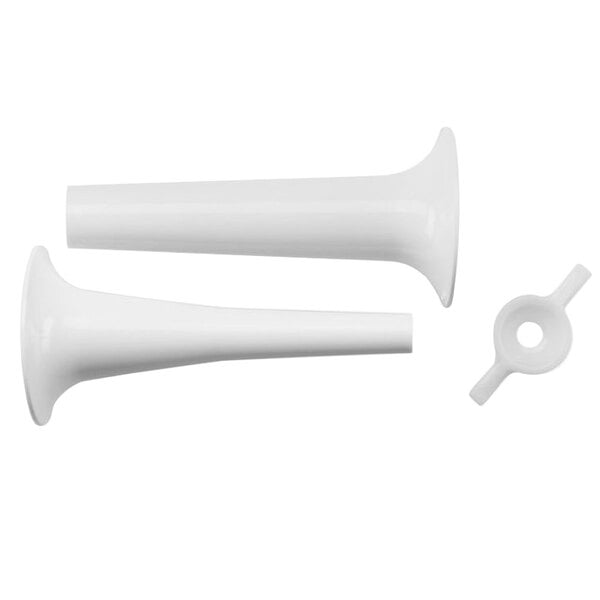Two white plastic tubes with a white screw on the end and a silver handle.