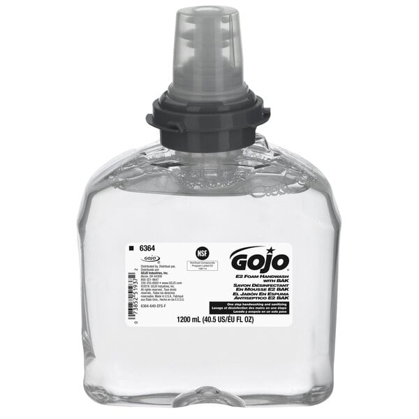 A case of two GOJO TFX E2 Sanitizing Foam hand soap bottles.