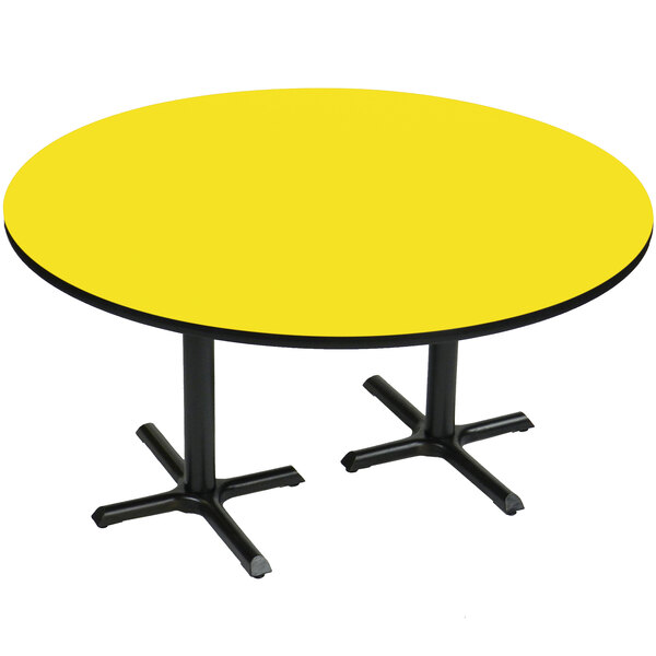 Correll 60″ Round Yellow Finish / Black Table Height High Pressure Cafe / Breakroom Table with Two Cross Bases